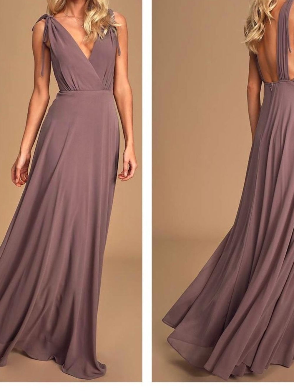 Lulu's Mauve Tie-Shoulder V-Neck Maxi Dress